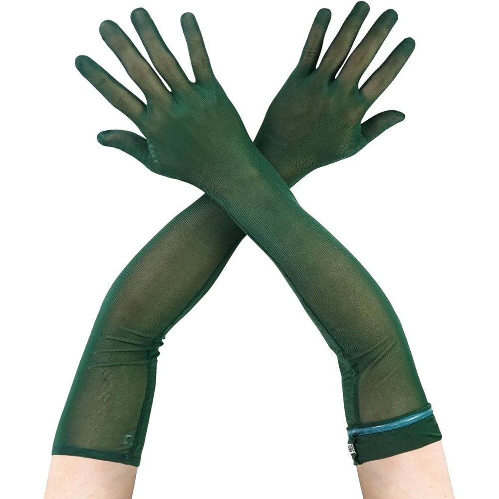 Women's Fashion Green Mesh Long Satin Gloves Design Weddings Party Costume
